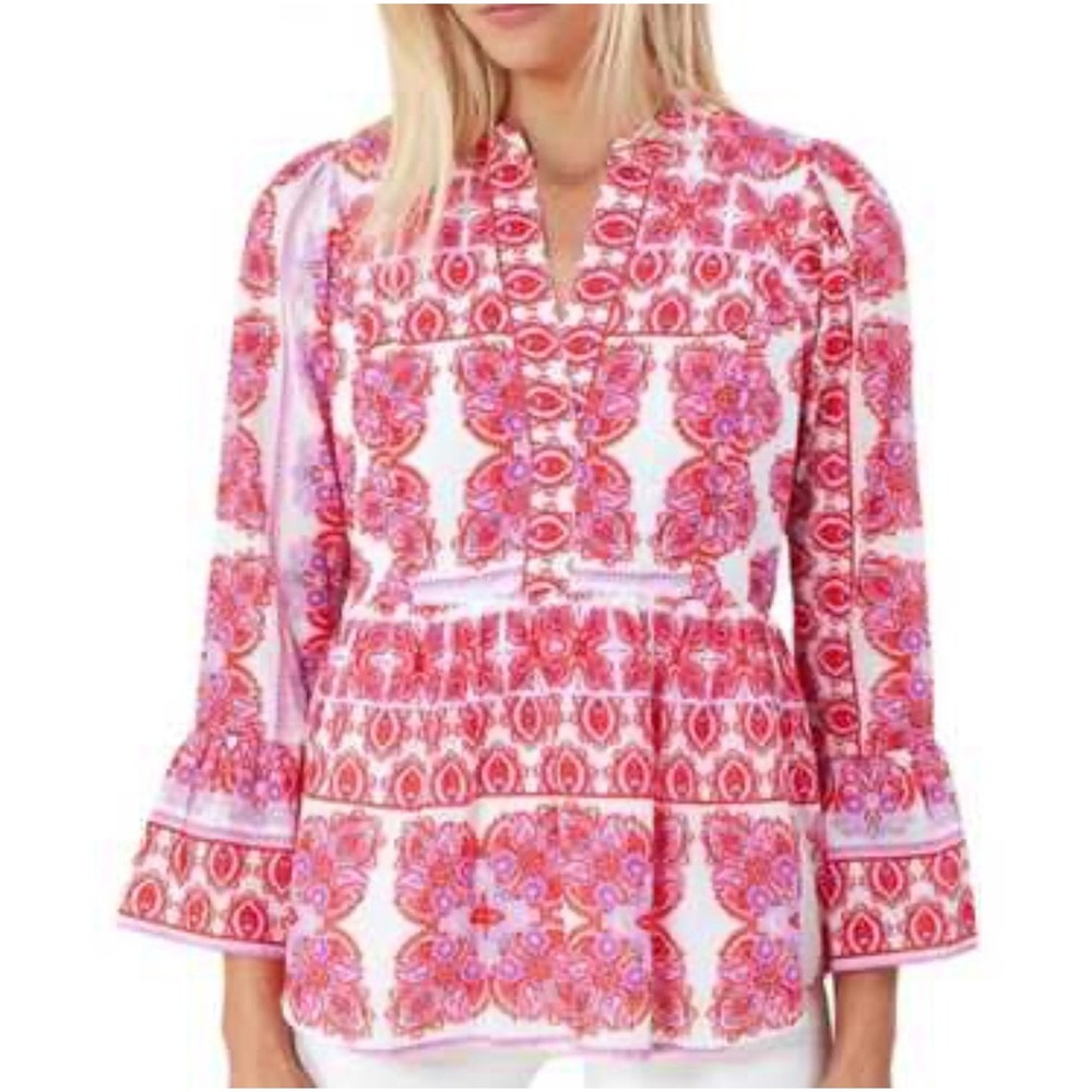 Hale Bob Boho Resort Blouse Womens XS Pink Paisley Bell Sleeve‎ Cotton Beach
